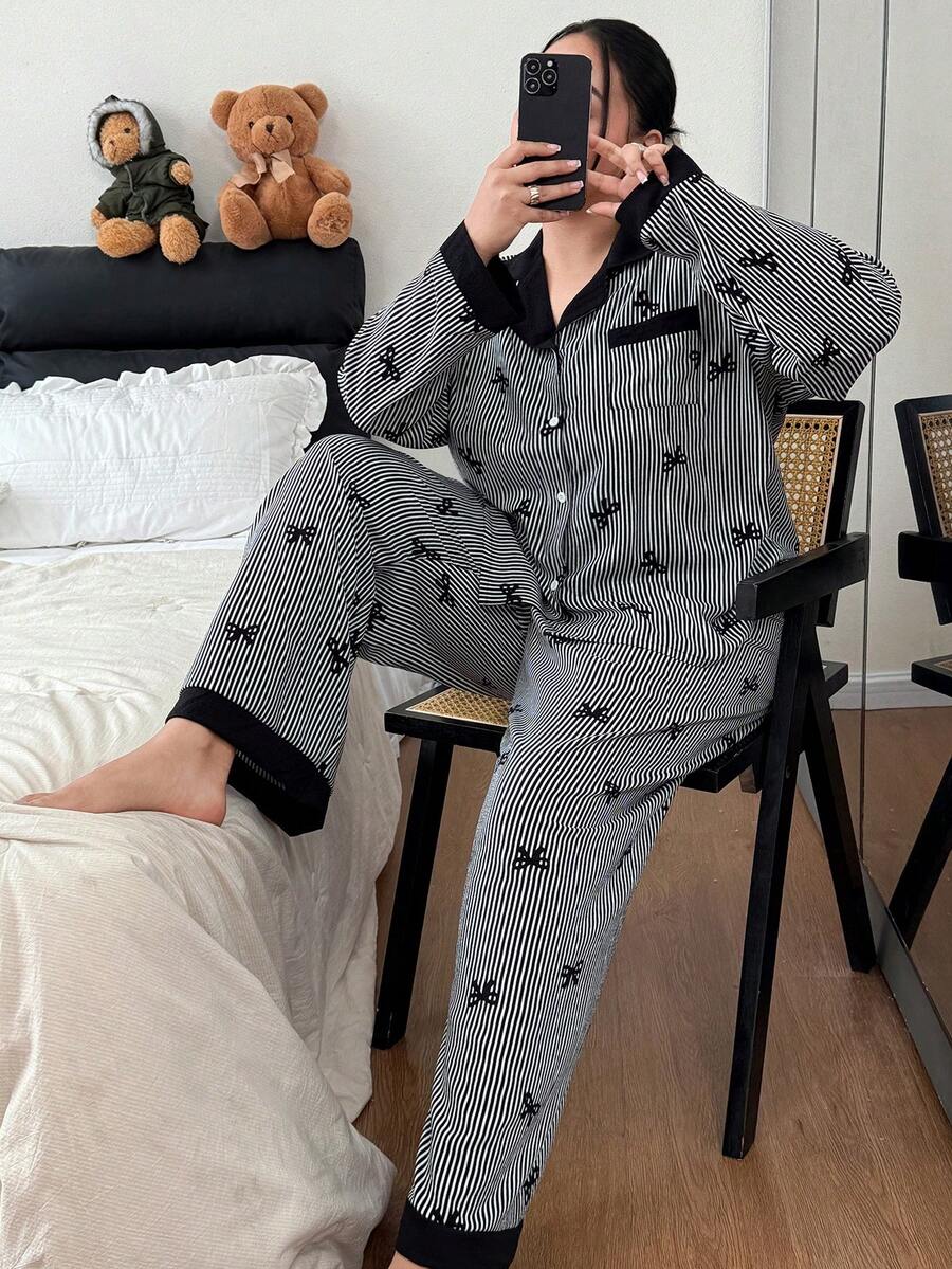 SHEIN 加大码撞色领荷叶边蝴蝶结条纹长袖睡衣套装 - 黑色 - 查看 1