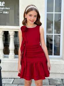 SHEIN Tween Girl Casual Elegant French Ruffle 3D Floral Decor Pleated Asymmetric Round Neck Sleeveless Fitted Short Dress, Princess Dress, New Year Party, Spring Outing, Daily Wear, Burgundy Dress For Tween Girls Mother-Daughter Matching, Tween Girls Sleeveless Dress, Red Teen Girls Dress, Tween Girl Burgundy Dress, Maroon Dress For Girl