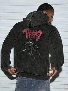 Modcrash 秋冬男士街头美学图案连帽卫衣上衣，略有弹力修身，水洗做旧加棉黑色套头长袖卫衣，休闲日常返校连帽卫衣上衣 - 黑色 - 查看 2