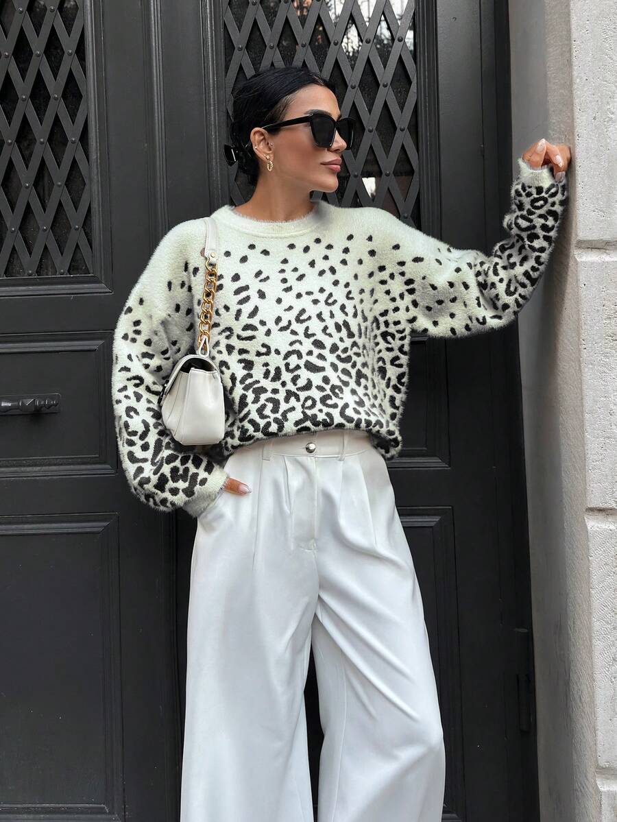 EURMUSE Moher Yarn Pullover Leopard Pattern Pullover Fall Winter - Black - View 1