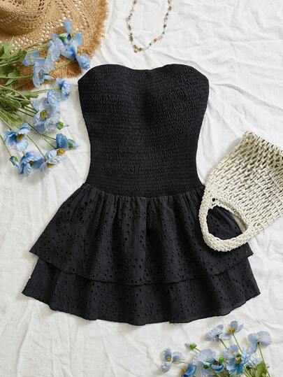 Sweetra Navy Blue Vacation Style Pleated Sleeveless Halter Sexy Cinched Waist Hollow Embroidered Ruffle Hem Elegant Dress