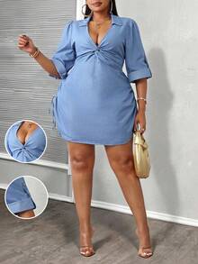 Slaydiva 大码女式扭结设计袖口侧抽绳休闲牛仔连衣裙 - 深色水洗藍 - 查看 1