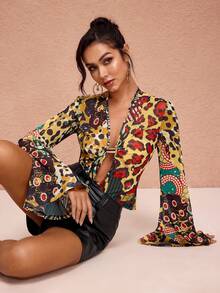 JIAN LASALA All-Over Print Mesh Transparent Deep V Metal Buckle Front Flared Long Sleeve Women Top Elegant Tops Havana Nights Beach Wedding Guest - Multicolor - View 7