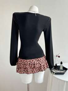 Elamini Women's Casual V-Neck Lace Patchwork Ruched Lantern Sleeve Fitted Long Sleeve T-Shirt, Winter - Black - View 2