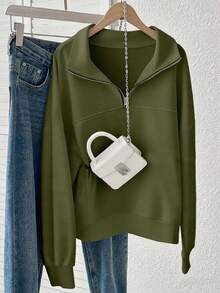 INAWLY 女士宽松开叉拉链领运动衫 - 軍綠色 - 查看 4