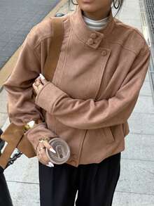 Elyressa 女士纯色前扣口袋休闲长袖常规外套 - 卡其色 - 查看 6