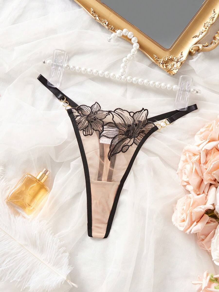 Fashionable Sexy Romantic Embroidered Low-Waist Thong Panties - Multicolor - View 1