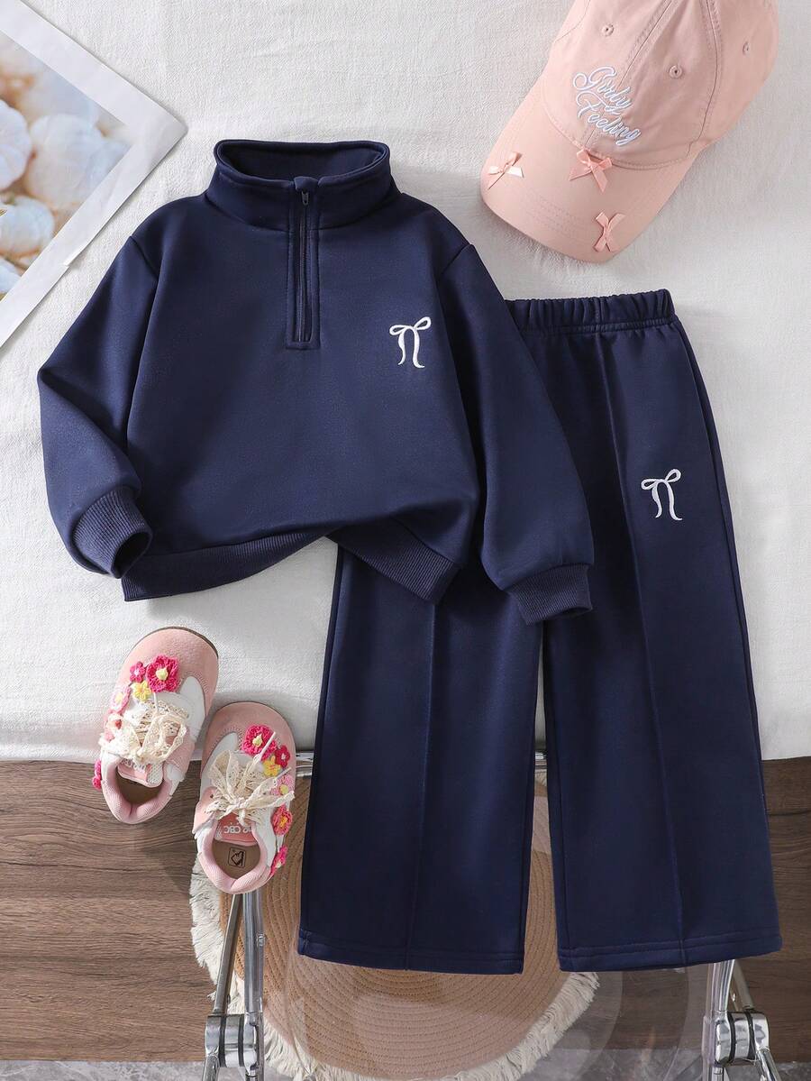 SHEIN Playful Pals 秋冬季女童海军蓝运动风蝴蝶结刺绣立领拉链长袖卫衣套装，简约舒适 - 藏蓝色 - 查看 1