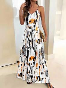 SHEIN Clasi Váy dây mảnh in họa tiết hoa nhiệt đới gợi cảm cho nữ - Màu be - Xem 3