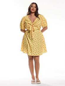 Solavibe Abito casual da vacanza con scollo a V e fiori ditsy per donne taglie forti - Giallo - Visualizzare 5