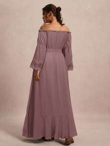 Freevana 大码女式性感度假风简约纯色露肩荷叶袖蕾丝拼接高开衩下摆系带连衣裙（不含腰带） - 珊瑚粉 - 查看 2