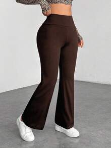 SHEIN PETITE Fashion Women Coffee Brown Textured Knit Flare Leg Pants Long Casual Style Brown Pants Wide Leg Sweatpants Flared Leggings Flared Sweatpants - Coffee Brown - View 3
