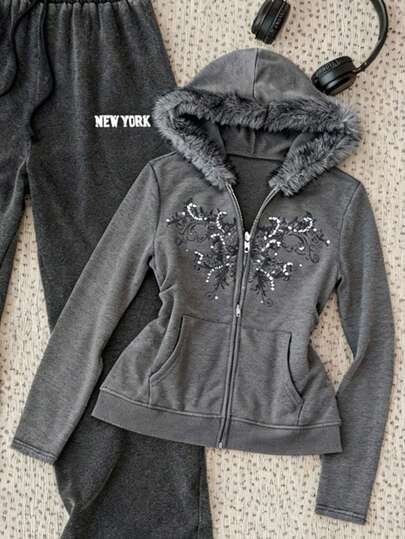 SHEIN Teen Girls Rhinestone & Faux Fur Collar Printed Vintage Collegiate Sweatshirt Jacket