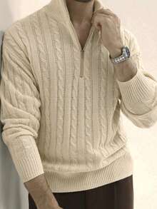 Manfinity Mode 大码男士纯色纯色长袖半拉链领宽松休闲都市粗针织毛衣，秋冬