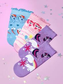 My Little Pony X SHEIN 3双装女童纯棉柔软透气吸湿儿童中筒袜，彩色条纹可爱卡通图案，加固趾部和后跟，经久耐穿，四季皆宜，适合学校和户外活动，夏季和冬季均可穿着。 - 彩色 - 查看 13