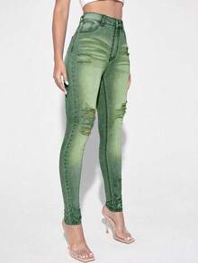 Jeanoix Quần Jeans Denim Cạp Cao Có Túi, Kiểu Dáng Ôm, Thường Ngày, Đa Năng Cho Nữ - màu xanh lá - Xem 5
