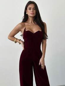 Firerie 优雅、精致、浪漫、性感、独特的时尚新年、情人节、派对、舞会不对称高腰天鹅绒酒红色阔腿无肩带连体裤，秋冬款 - 酒紅色 - 查看 7