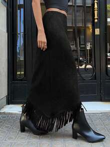 Aloruh 女士超长麂皮半身裙，酒红色安卡拉复古浪漫波西米亚流苏拼接A字裙 - 黑色 - 查看 4