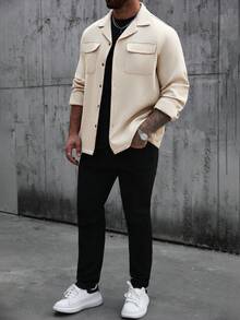 Manfinity CasualCool Plus Size Men's Casual Fashion Street Style Simple Solid Color Lapel Collar Flap Pocket Shacket, Autumn Beige Men Cream Button Up Men Long Sleeve Button Up Shacket Casual Shirt With Two Pockets Long Sleeve For Men - Apricot - View 5