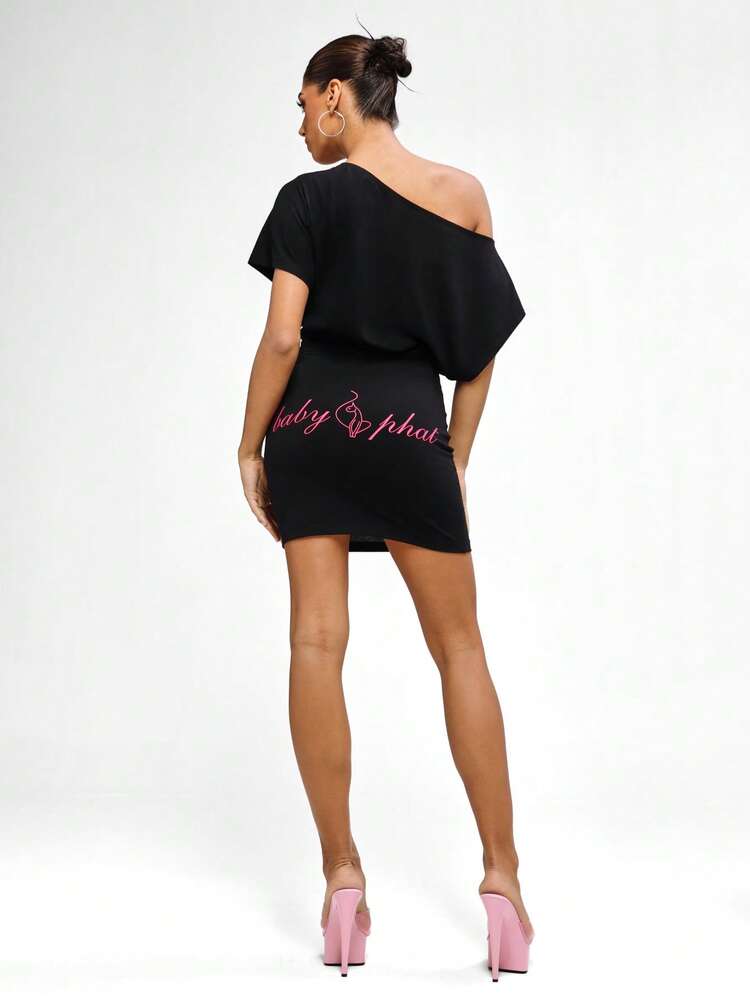 BABYPHAT Slouchy Off Shoulder Mini Dress With Pink Script Detail Bodycon Fit Asymmetric Neckline Short Sleeve Party Club Night Out