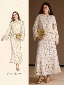 MOTF PREMIUM 2PCS/SET MINIMALIST SEQUIN FUZZY TOP AND SKIRT SET, AUTUMN/WINTER - Apricot - View 1