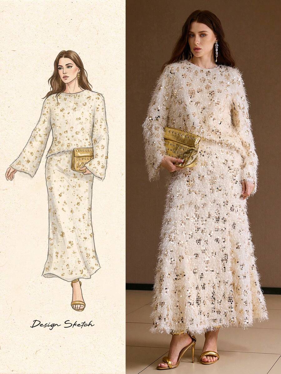 MOTF PREMIUM 2PCS/SET MINIMALIST SEQUIN FUZZY TOP AND SKIRT SET, AUTUMN/WINTER - Apricot - View 1