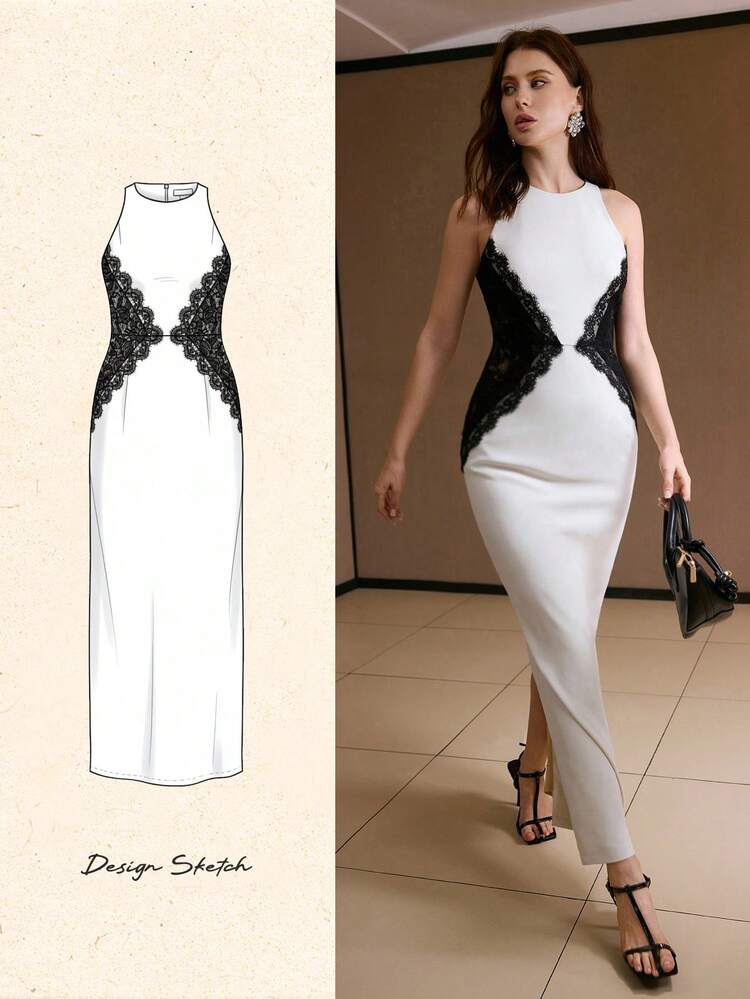 FITTED LACE COLORBLOCK DRESS, AUTUMN/WINTER