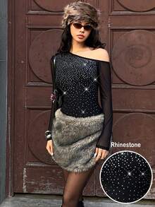 MainGRL 1pc Women's Black Rhinestone Embellished Mesh Bodysuit,Spring/Summer Ummer Outfits For Women - Black - View 3