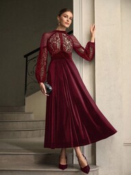 ZEYLAH 蕾丝拼接天鹅绒连衣裙，秋冬款