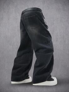 Manfinity Denimwave Quần jean ống rộng dáng rộng họa tiết cánh chéo, phong cách đường phố - màu đen - Xem 4