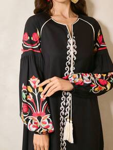 Al Najma 女士撞色复古风长袖土耳其长裙和阿拉伯传统罩袍 - 黑色 - 查看 1