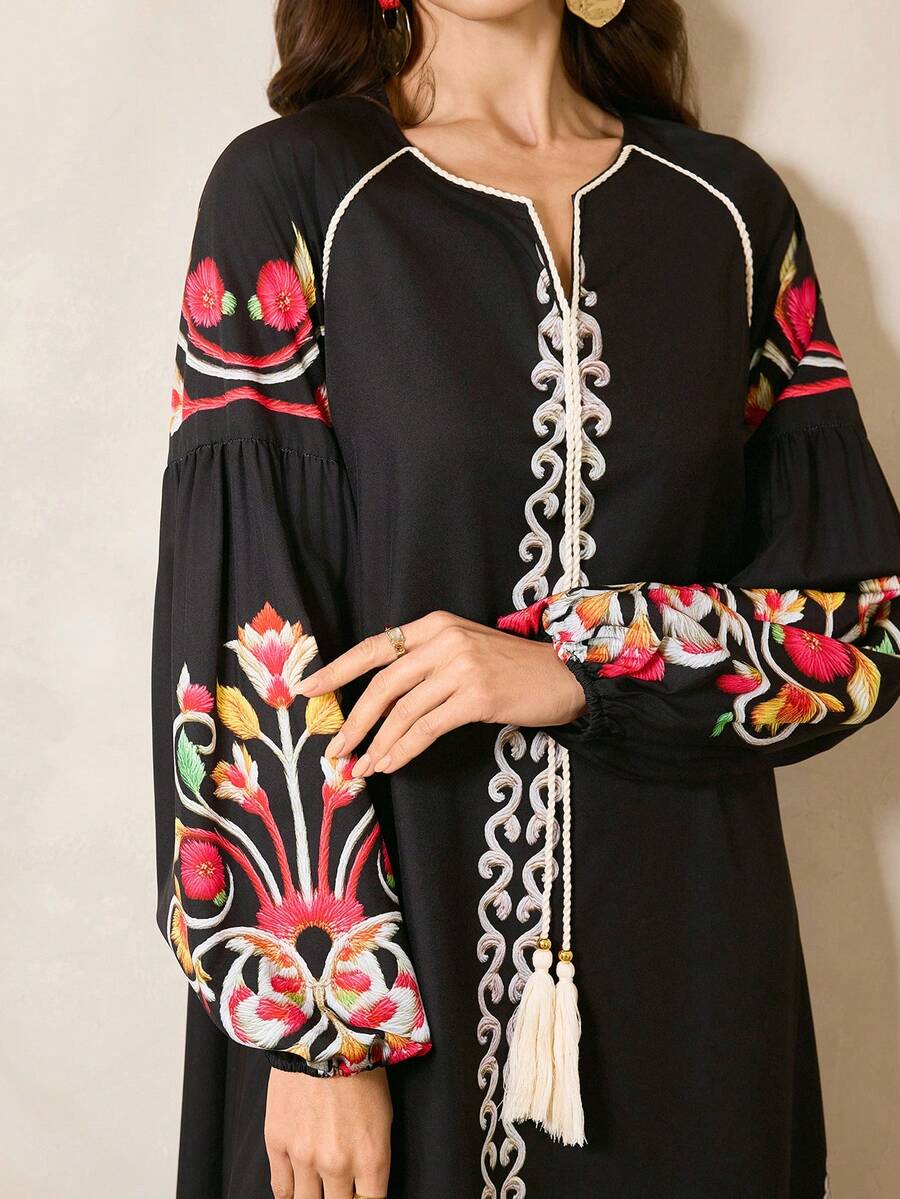 Al Najma 女士撞色复古风长袖土耳其长裙和阿拉伯传统罩袍 - 黑色 - 查看 1