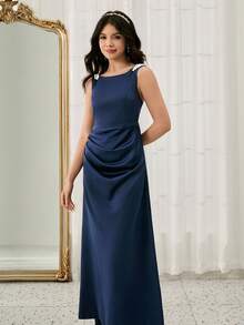 Elegantes Champagner-Satin-Kleid mit Perlen-Trägern für Teenager-Mädchen, Blumenmädchen, Hochzeit, Abschlussball, Halloween, Weihnachten, Abschluss, Mode für Mädchen mit aufwendigem Rock und Prinzessinnen-Stil - Champagnerfarben - Übersicht 1