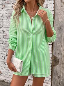 Breezaya Nữ Xuân/Hè dáng rộng trễ vai Áo sơ mi sọc dài tay và quần short Bộ hai món thông thường - Nhiều màu - Xem 5