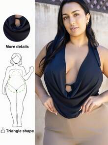 Truni Women's Plus Size Draped Front Backless Halter Bodysuit, Beach Outfits For Woman Beach Vacation Outfits, Spring Outfits For Women, Summer Outfits For Women, Concert Outfit Women, Rave Outfits Festival, Streetwear For Women, Graduation Outfit Women, For Pear Triangle Body Shape - Black - View 1
