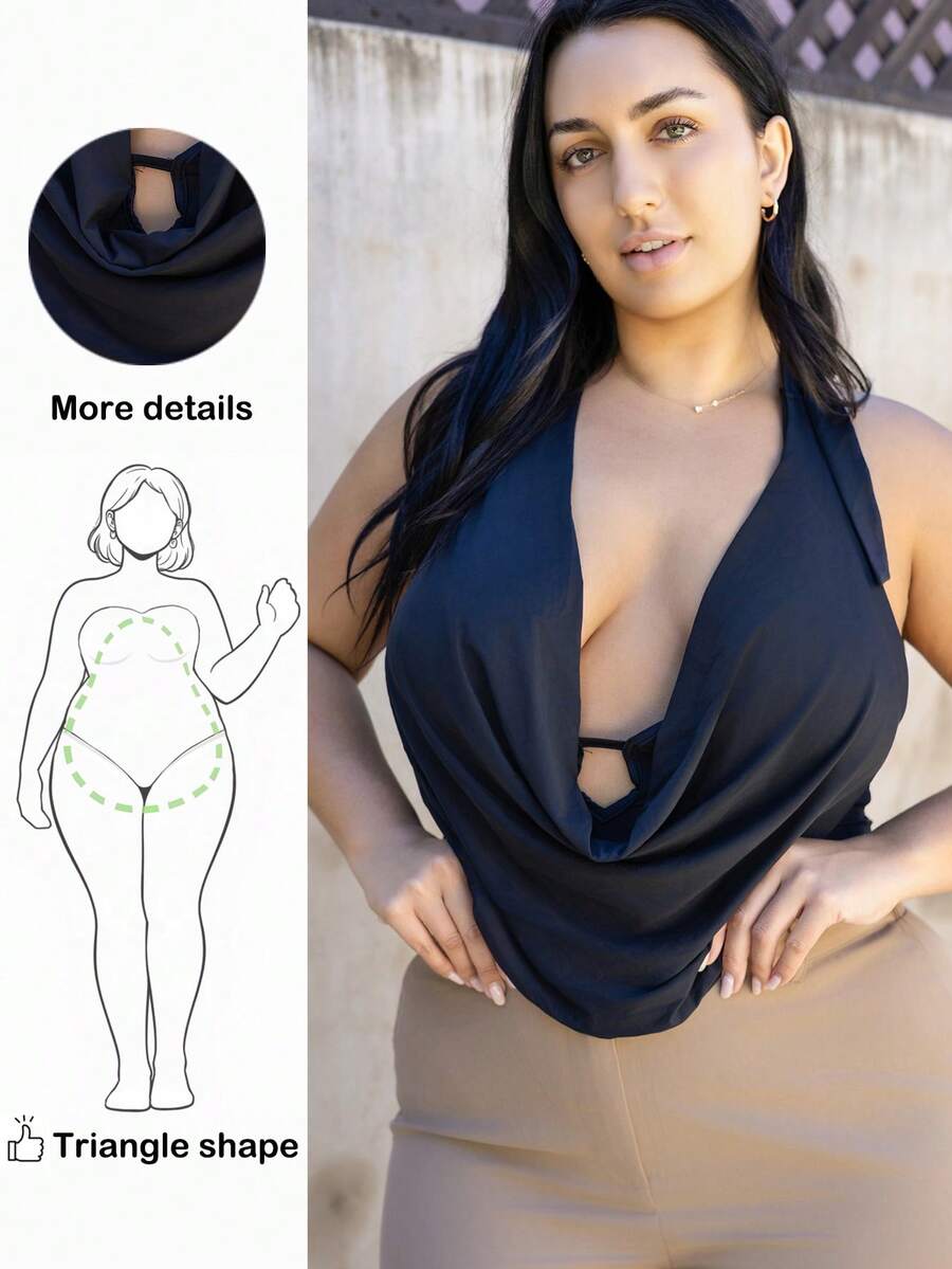 Truni Women's Plus Size Draped Front Backless Halter Bodysuit, Beach Outfits For Woman Beach Vacation Outfits, Spring Outfits For Women, Summer Outfits For Women, Concert Outfit Women, Rave Outfits Festival, Streetwear For Women, Graduation Outfit Women, For Pear Triangle Body Shape - Black - View 1