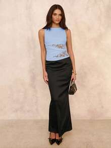 SHEIN BAE Bộ đồ liền thân ren xếp nếp vá ren thanh lịch dành cho nữ, dáng ôm, mùa hè - Màu xanh nhạt - Xem 4