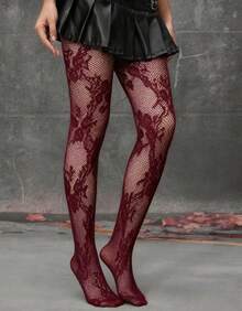 ROMWE Goth 1 Pair White Floral Fishnet Tights/Pantyhose - Positive burgundy - View 2
