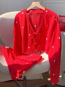 Comfortcana 2 件套女式红白心形图案系带长袖上衣和短裤套装，圣诞装 - 紅白色 - 查看 5