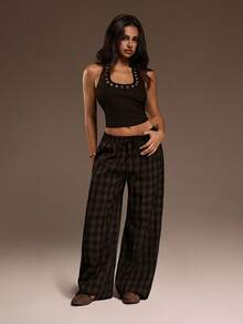 SHEIN ICON 女士棕色宽松格子简约休闲裤 - 彩色 - 查看 5