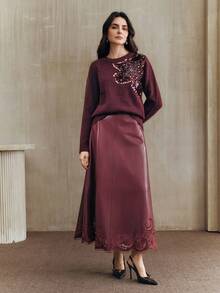 Anewsta Elegant Chic Autumn/Winter Sweater With Embroidered Sequin & Rhinestone Floral Decor, Round Neck - Bold Plum - View 6