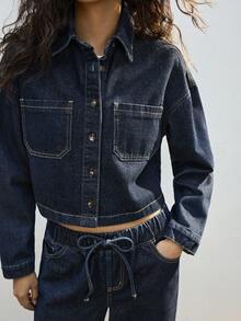 Maija Women's Denim Suit: Long-Sleeved Casual Shirt + Elasticated Casual Pants,Autumn/Winter Casual Two-Piece Set - Dark Wash - View 3