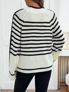 EMERY ROSE Black Striped Patchwork Crew Neck Sweater, Autumn/Winter - Black and White - View 2