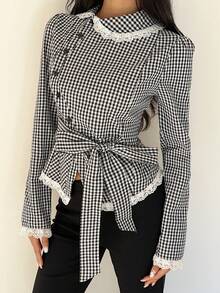SHEIN Unity Blouse femme à col asymétrique avec nœud papillon à volants à carreaux noir et blanc - Noir et Blanc - Voir 5
