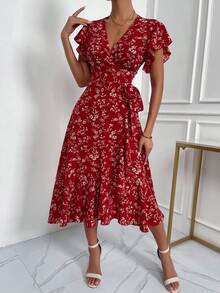 Almamuse Petite 女士时尚V领交叉系带腰部荷叶边下摆短袖碎花连衣裙，适合约会和情人节穿着 - 紅色 - 查看 5