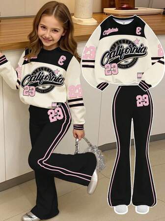 American Retro College Style Sports Numeric 23 Print Tracksuit, Young Girl Casual Loose Fit Crew Neck Long Sleeve Sweatshirt And Pants 2 Piece Set, Suitable For Autumn/Winter
