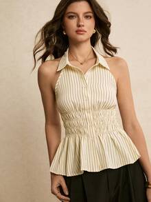 Poéselle 女士条纹单排扣腰部褶皱吊带背心，优雅休闲，适合度假、Y2K风格、黄色等各种场合，夏季、春季皆宜，是女士外出穿着的理想之选。 - 杏色 - 查看 9