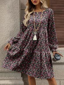 休闲简约碎花图案宽松圆领大码连衣裙，适合秋冬季 - 彩色 - 查看 5