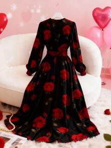 SHEIN Franclia Floral Print V-Neck Elegant Long Sleeve Dress Black Floral Dress Rose Dress Long Sleeve  Luxury Dress For Women Elegant Dress Long Sleeve Elegant Dress Wrap Dresses Floral Formal Wear Red Black Dress - Black - View 2