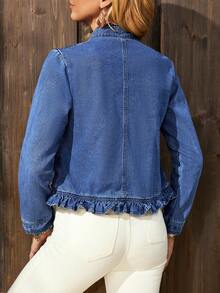 EMERY ROSE 女士立领荷叶边时尚百搭长袖牛仔外套 - 藍色 - 查看 2